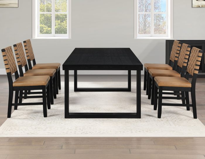Reid Dining Table 77-95" Dining Table Top with 18" Leaf & Chairs, Black Finish with Saddle Brown Vegan Leather