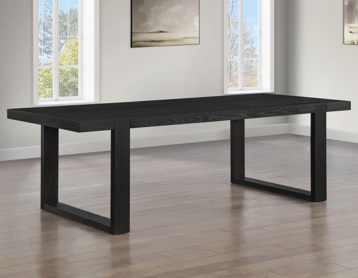 Reid Dining Table 77-95" Dining Table Top with 18" Leaf & Chairs, Black Finish with Saddle Brown Vegan Leather