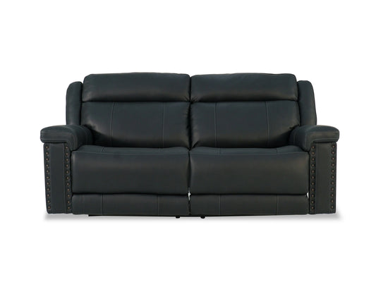 Dual Power Gray Leather Sofa & Loveseat with Nail heads