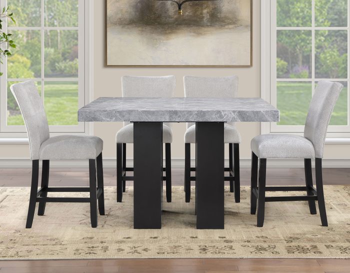 Artemis 5-piece 54″ Square Gray Marble Counter Table with  Gray Chenille Counter Chairs