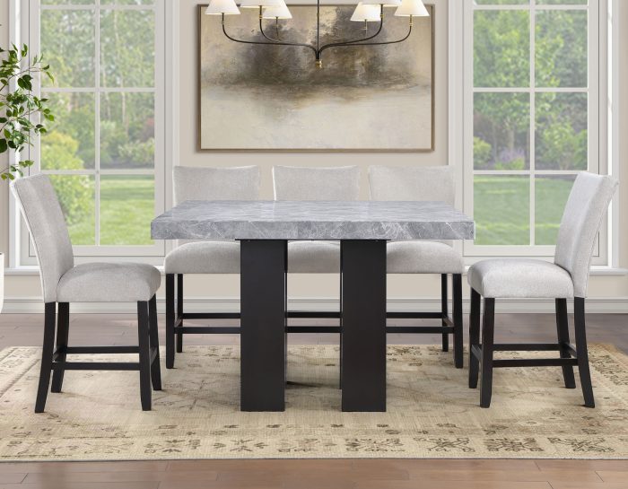 Artemis 5-piece 54″ Square Gray Marble Counter Table with  Gray Chenille Counter Chairs