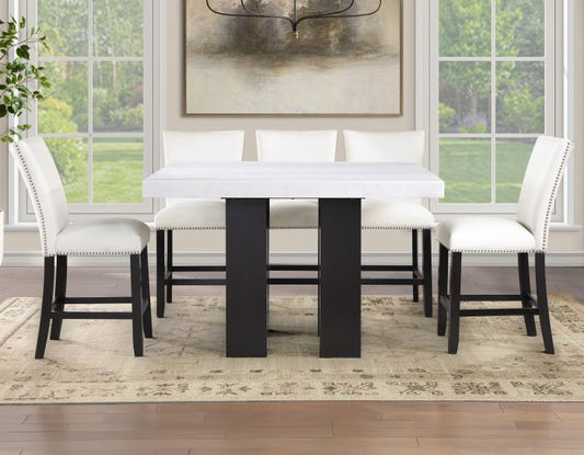 Artemis 54″ Square White Marble Counter Table with  Artemis White Vegan Leather Counter Chairs