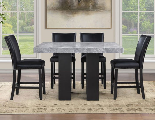 Artemis 54″ Square Gray Marble Counter Table with  Artemis Black Vegan Leather Counter Chairs