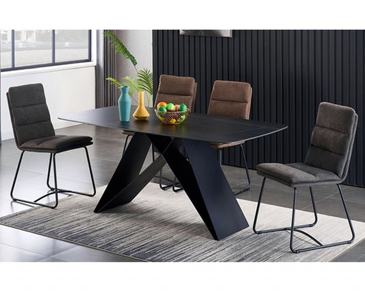 Black Dining Table With Brown & Gray Fabric Chairs